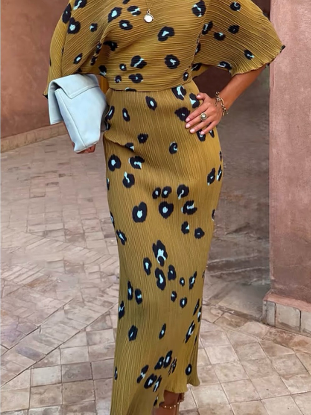 Olive Animal-Print Pleated Maxi Skirt
